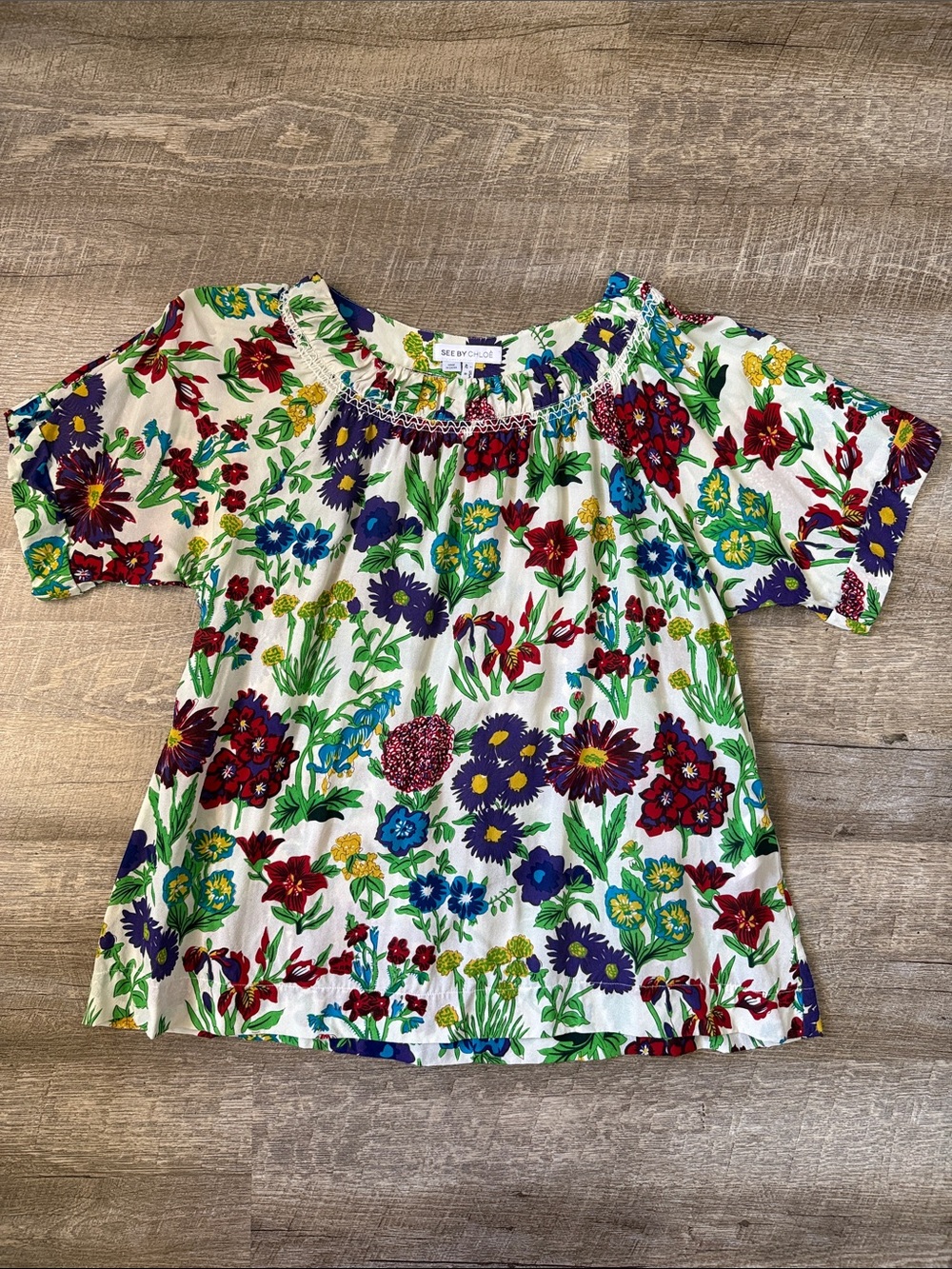 See By Chloe White White Floral Silk Blend Short-Sleeve Top Size 6